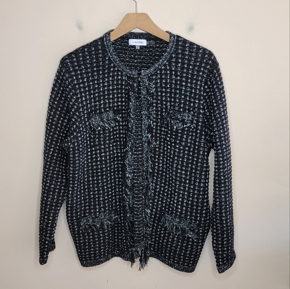 Calvin Klein | Black Textured Lady Jacket Sweater with Fringe Trim Size Large - Picture 1 of 5